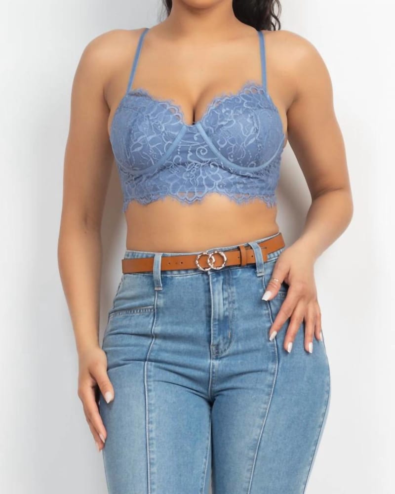 Front of a model wearing a size Large Hook-And-Eye Floral Lace Bralette Top in Dusty Blue in Dusty Blue by Haute Monde. | dia_product_style_image_id:334653